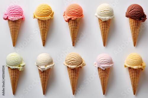 ice cream cones with different flavors on a white background