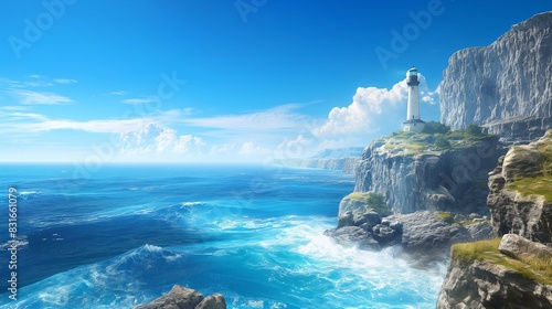 A breathtaking scene of a lighthouse perched on a rocky cliff, overlooking a vast blue ocean with waves crashing below, under a clear, azure sky. 32k, full ultra hd, high resolution