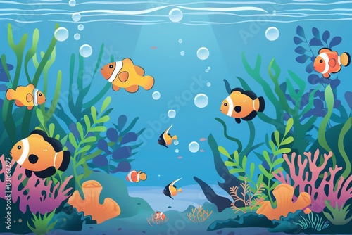 Aquarium scene flat design top view marine animation vivid