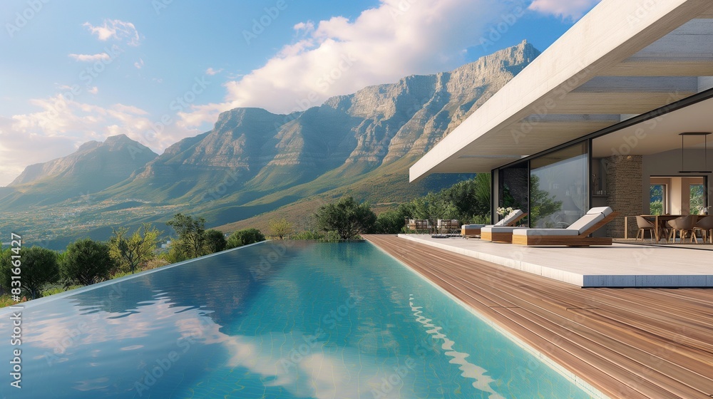 A chic, modern villa with an open-concept design, showcasing a pristine pool area with a wooden deck, surrounded by majestic mountain scenery and a vibrant, blue sky. 