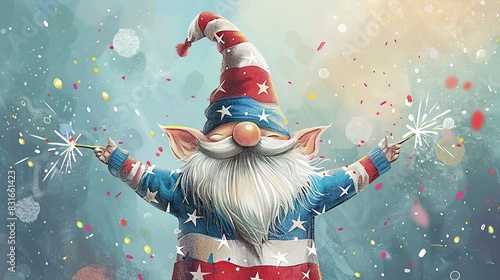 Watercolor gnome dressed in stars and stripes, surrounded by Independence Day elements like sparklers and confetti photo