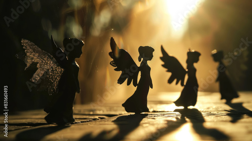 Silhouetted angel statues, gentle backlighting photo