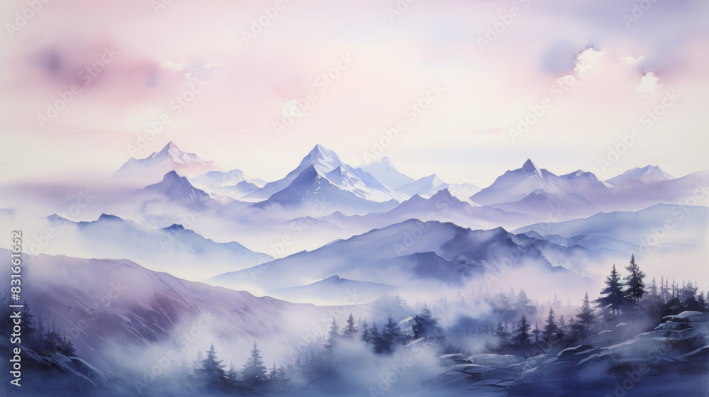 Serene mountain range at dawn with misty valleys and pastel sky, creating a tranquil and ethereal landscape of natural beauty.