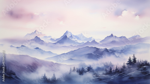 Serene mountain range at dawn with misty valleys and pastel sky  creating a tranquil and ethereal landscape of natural beauty.