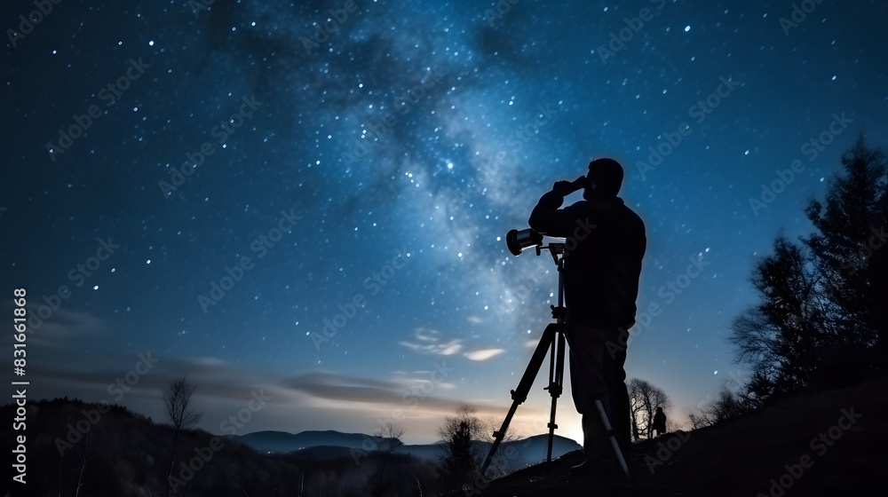 A person stargazing with a telescope in a clear night sky, Milky Way visible, dark and serene atmosphere, captured in HD
