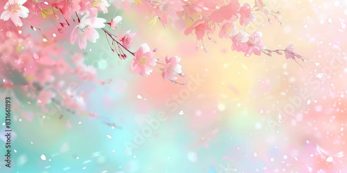 Cute pastel pink and baby blue gradient background with flying cherry blossom petals, Delicate cherry blossoms with pastel background in soft focus creating a dreamy and serene floral scene