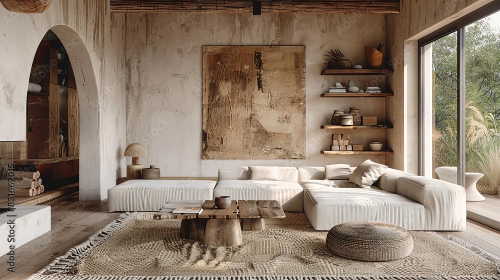 Modern rustic living room with a mix of sleek and raw materials, natural light Modern rustic living room with a mix of sleek and raw materials, natural light