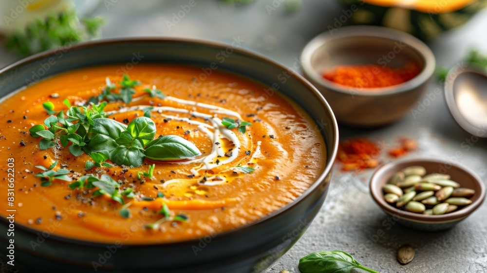 Creamy pumpkin soup, fresh herbs, and a sprinkle of pumpkin seeds Creamy pumpkin soup, fresh herbs, and a sprinkle of pumpkin seeds