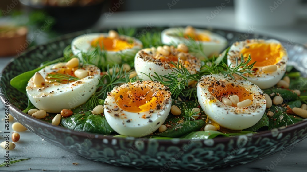 Boiled eggs and fresh spinach, pine nuts, health snack concept Boiled eggs and fresh spinach, pine nuts, health snack concept