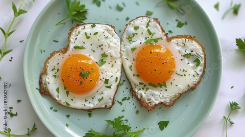 Fried eggs shaped like hearts in plate, top view