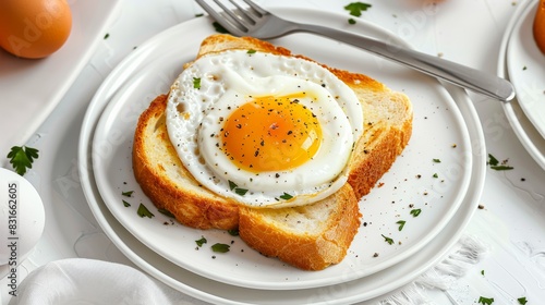 Fried bread with egg on a plate on a white table, healthy breakfast, AI generative illustration
