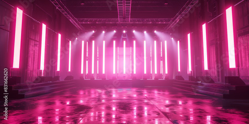 Futuristic corridor illuminated by vertical pink and purple neon lights with sleek modern panels and reflective floor creating an immersive high-tech atmosphere enhanced by misty fog 