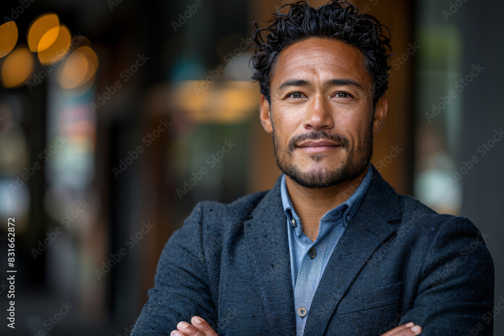 Handsome Young Mixed-Race Man in a Grey Blazer Smiling Confidently Outdoors with Bokeh Lights Handsome Young Mixed-Race Man in a Grey Blazer Smiling Confidently Outdoors with Bokeh Lights