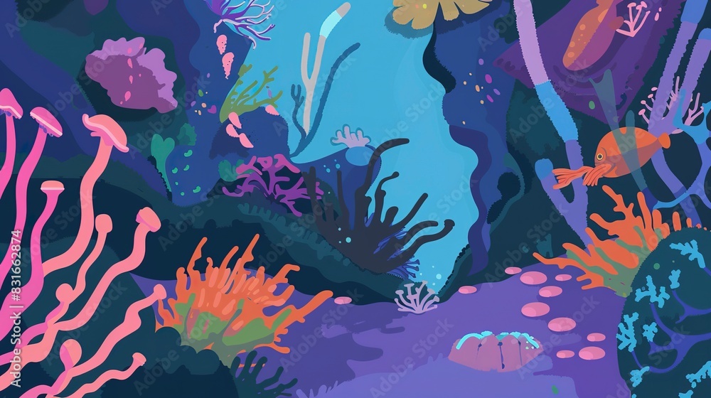 Magical coral reef flat design front view, underwater fantasy, animation, complementary color scheme Magical coral reef flat design front view, underwater fantasy, animation, complementary color scheme