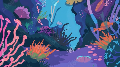 Magical coral reef flat design front view, underwater fantasy, animation, complementary color scheme  © Thanthara