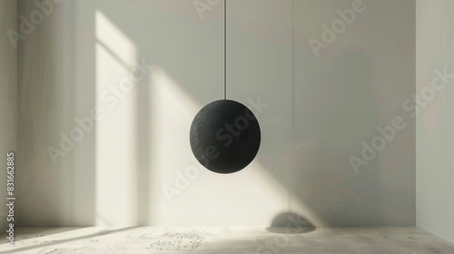 A black ball is suspended from the ceiling in a room with white walls