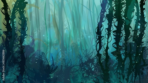 Enchanted kelp forest flat design side view, underwater fantasy, water color, analogous color scheme 