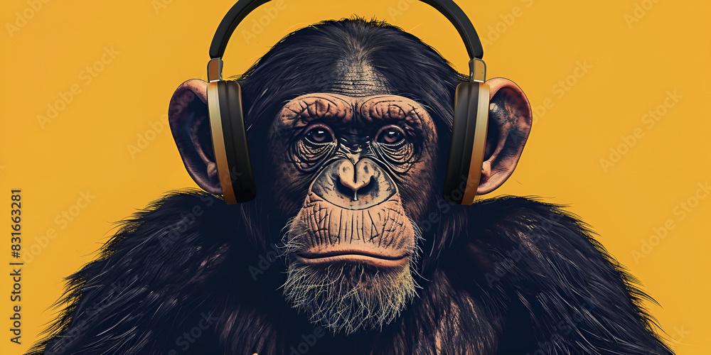 Chimpanzee monkey animal using headphone 
