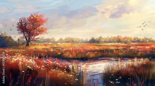 concept art of an autumn marshland with grasses and wild flowers, one tree in the distance, birds flying above it, digital painting in the style of a painterly style photo