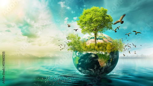 Illustration of the earth with lush green and lively creatures around..
