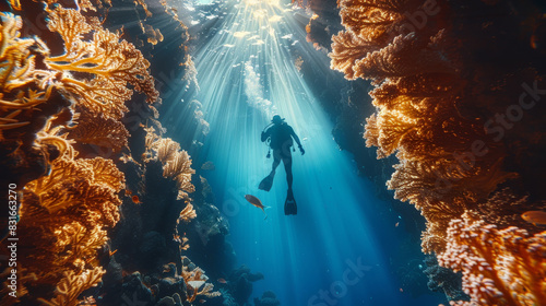 Fototapeta Naklejka Na Ścianę i Meble -  A man is swimming in a coral reef