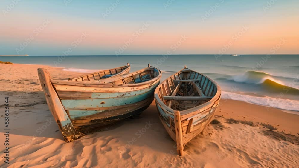 Wooden boats on sandy beach at sunset. Wooden boats on sandy beach at sunset.