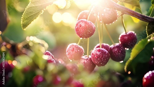Wallpaper Mural Close-up of ripe cherries with water droplets on the tree branch. Torontodigital.ca