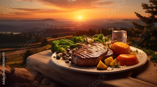 A plate of grilled steak with roasted vegetables, served on an elegant dining table with a breathtaking sunset over a countryside landscape. The image is high definition, looking very realistic.