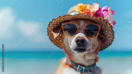 A dog wearing sunglasses and a straw hat is standing on a beach. The dog is smiling and he is enjoying the sunny day photo