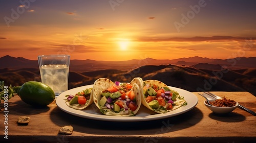 A plate of spicy tacos with avocado and salsa, placed on a colorful tablecloth with a stunning sunset over a desert landscape. The scene is captured in high definition, looking like a real photograph. photo