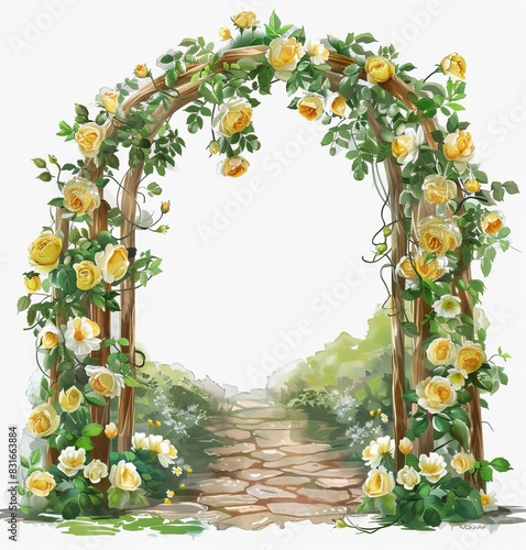 32K UHD Watercolor Style Country Rose Garden Wooden Archway with Yellow and White Roses on Transparent Background photo