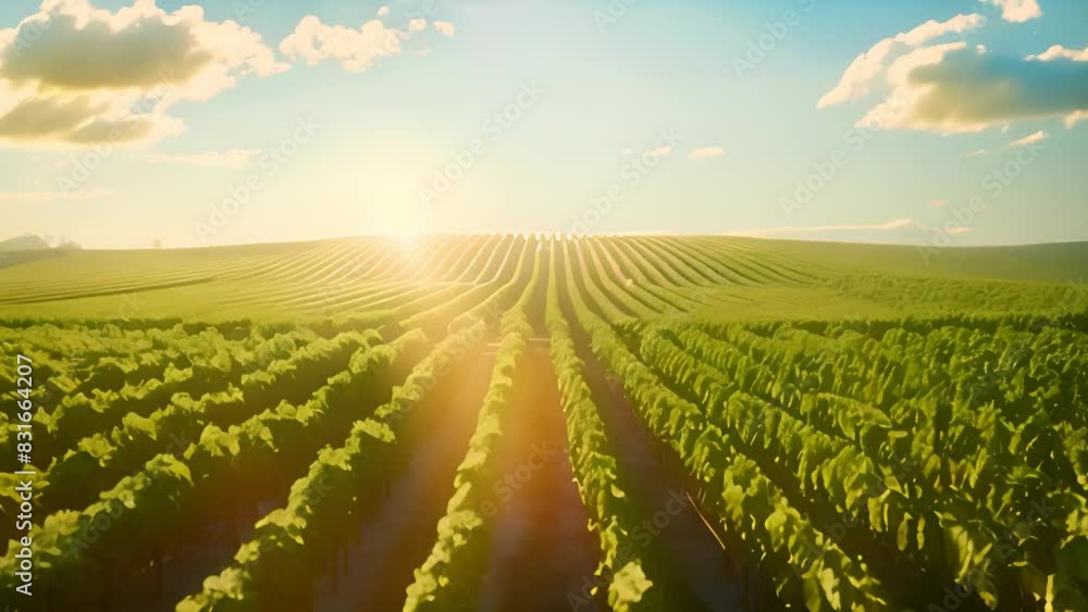 Vineyard at sunset with rows of grapevines under a golden sky. Vineyard at sunset with rows of grapevines under a golden sky.