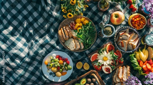 Variety of summer picnic foods including fresh fruits  vegetables  and bread on a checkered blanket. A colorful and delicious spread.