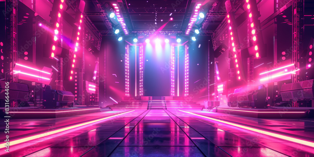 Fototapeta premium Futuristic corridor illuminated by vertical pink and purple neon lights with sleek modern panels and reflective floor creating an immersive high-tech atmosphere enhanced by misty fog 