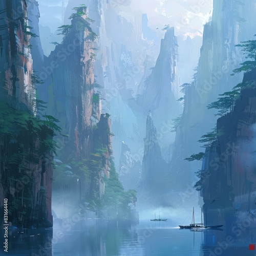 Chinese Style Mountains and Waters SpitPaint: Fast Drawn Realistic Video Game Concept Art photo