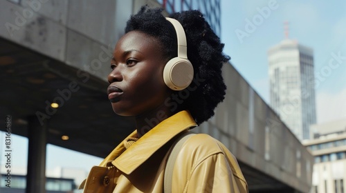 African woman in yellow jacket and headphones standing in front of city building, travel and fashion concept © SHOTPRIME STUDIO