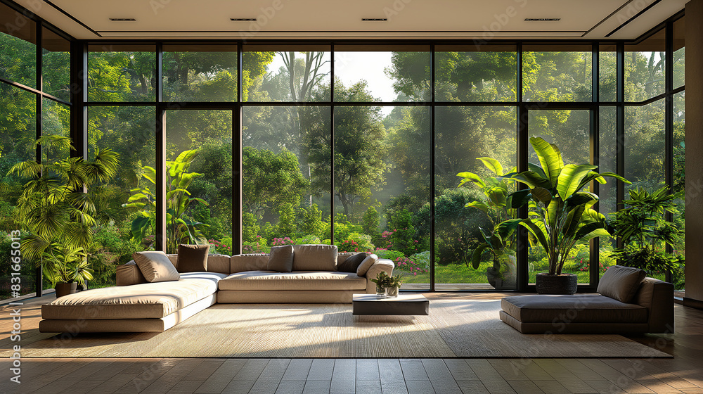 Fototapeta premium a modern living room with beige colors in front of a huge window looking into a beautiful garden, photorealistic,