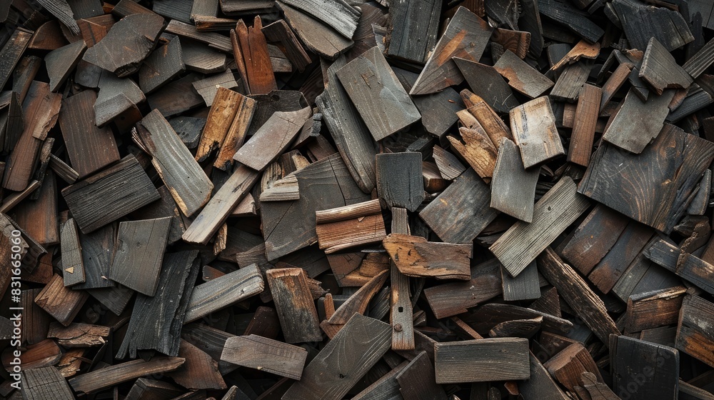 Detailed view of a heap of wooden fragments backdrop Detailed view of a heap of wooden fragments backdrop