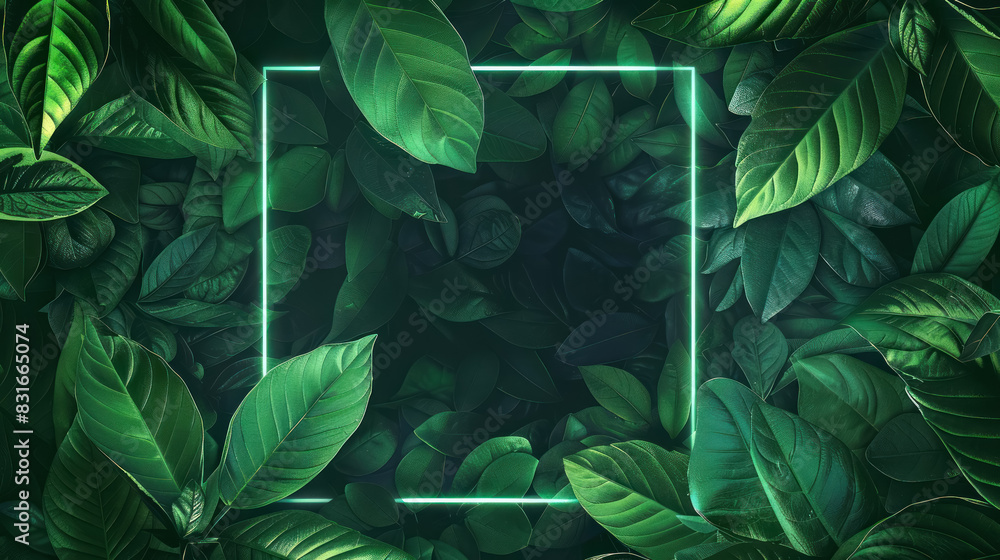Fototapeta premium neon green frame enhancing dark leafy background for vibrant design