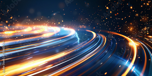 Vibrant light trails in blue and orange hues curving and swirling against a dark background creating a sense of motion and speed with a futuristic feel 