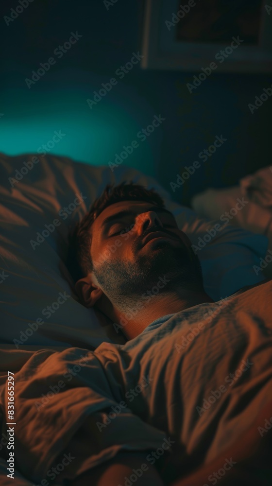 Fototapeta premium A man experiences intense sleepiness and fatigue in the dead of night, feeling of exhaustion surrounding darkness, midnight weariness