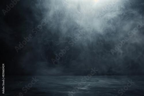 mysterious mist filled dark room with subtle blue lighting photo