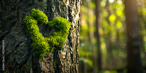 Closeup of wooden heart on moss Natural burial grave in the woods 
 photo