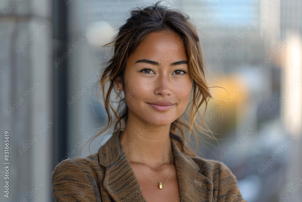 Beautiful Young Mixed-Race Woman in a Cozy Brown Sweater Smiling Confidently Outdoors Beautiful Young Mixed-Race Woman in a Cozy Brown Sweater Smiling Confidently Outdoors