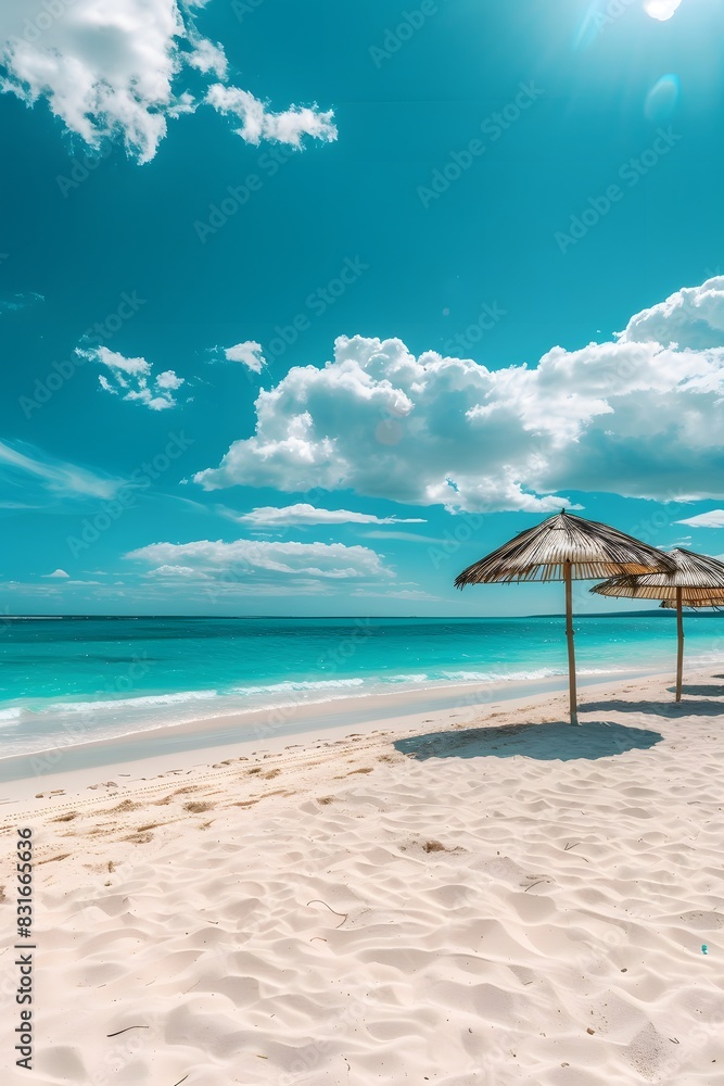 Summer background with frame, nature of tropical golden beach with rays of sun light and leaf palm. Golden sand beach close-up, sea water, blue sky, white clouds. Copy space, summer vacation concept.