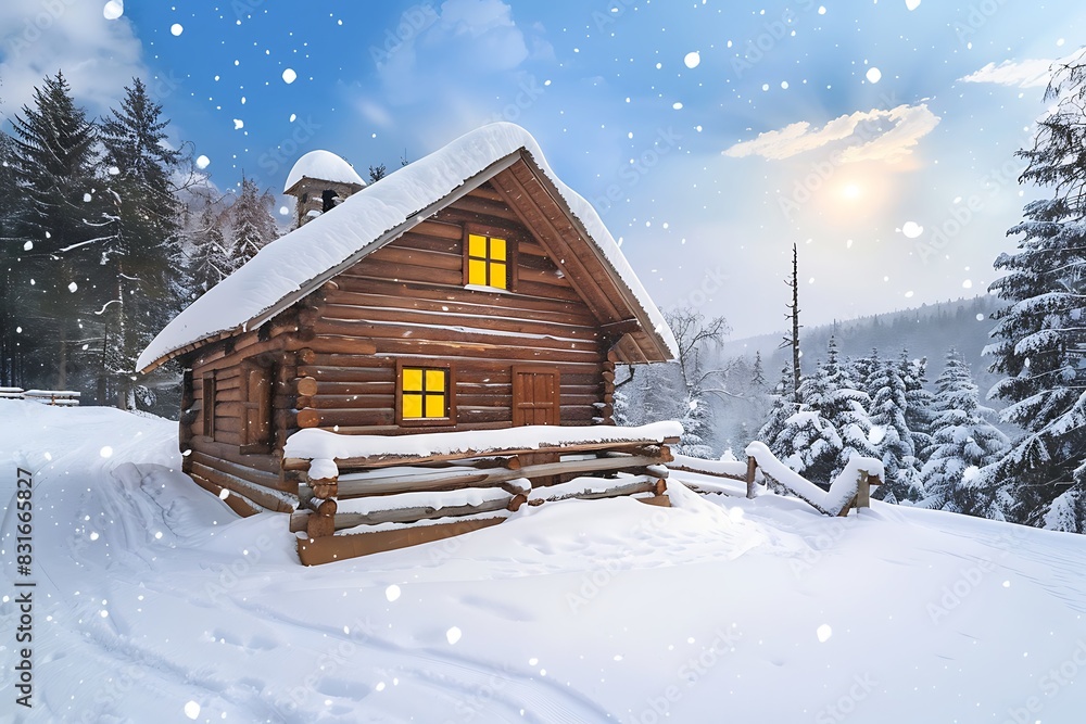 Rustic log cabin emoji in a snowy landscape