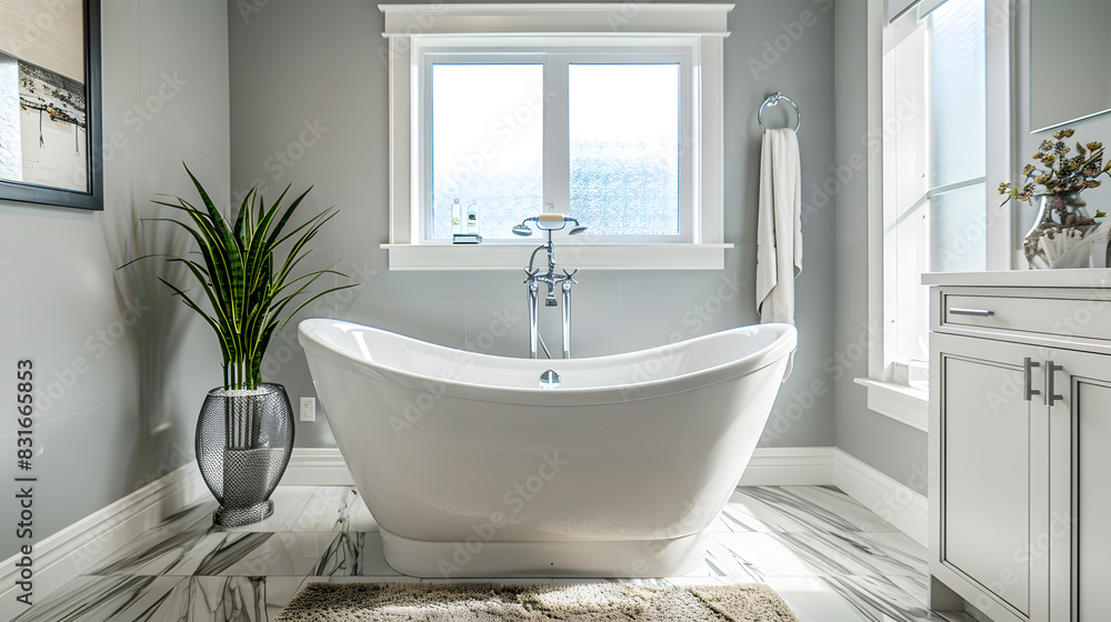 A large white bathtub sits in a bathroom with a window and a potted plant A large white bathtub sits in a bathroom with a window and a potted plant