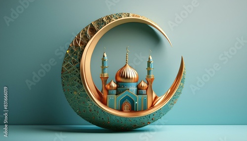 Islamic Greeting Cards for Muslim Holidays and Ramadan. Blue banner with moon and lantern.of the mosque decorated with the moon and golden stars,
