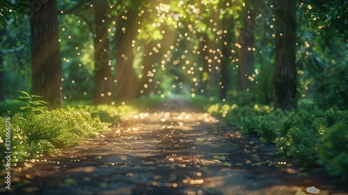 Tranquil Forest Path Bathed in Glistening Natural Light photo