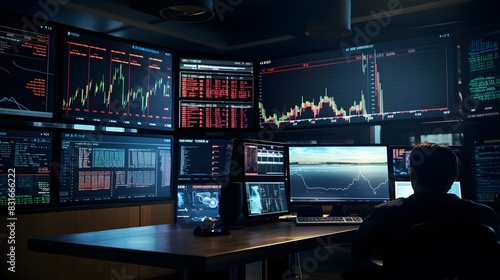A realistic HD photo of a financial market analysis scene featuring rising arrows, trading data, and strategy graphs on multiple screens.